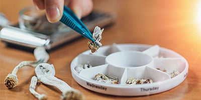 hand tweezing mushrooms from plate