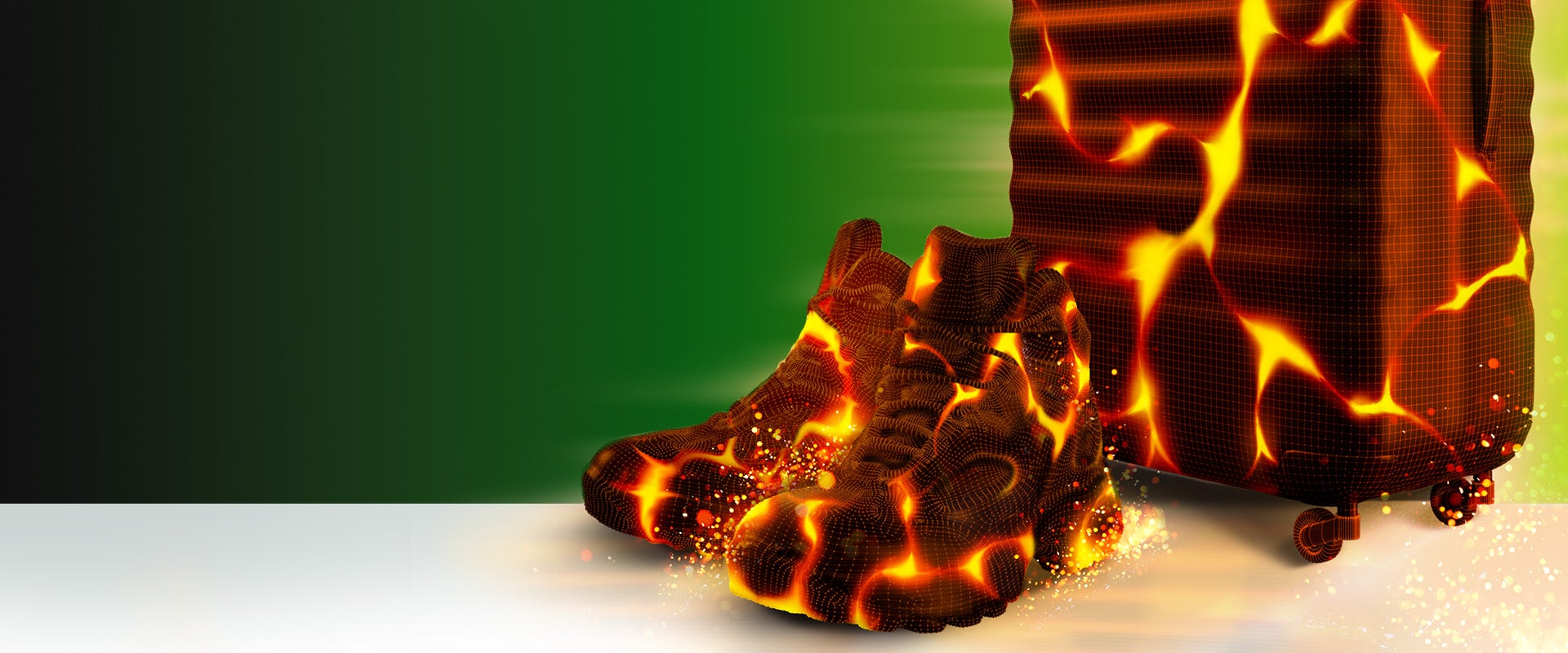 Sneakers and a suitcase on fire