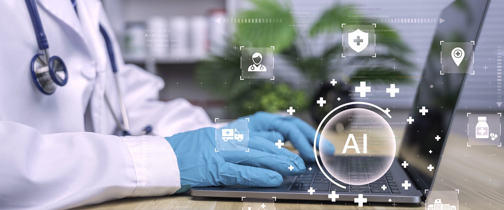 Doctor in white coat typing on laptop with healthcare & AI icons visible