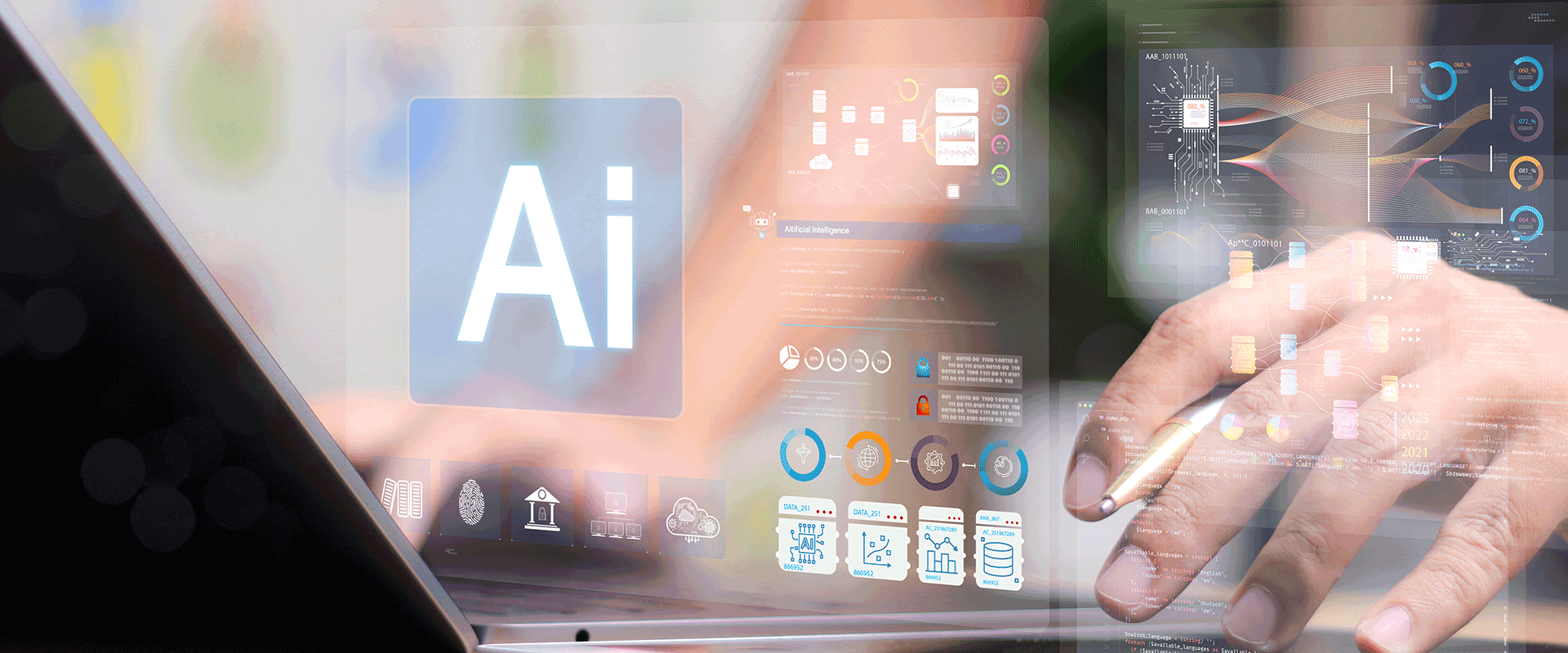 AI digital display over hands on keyboard