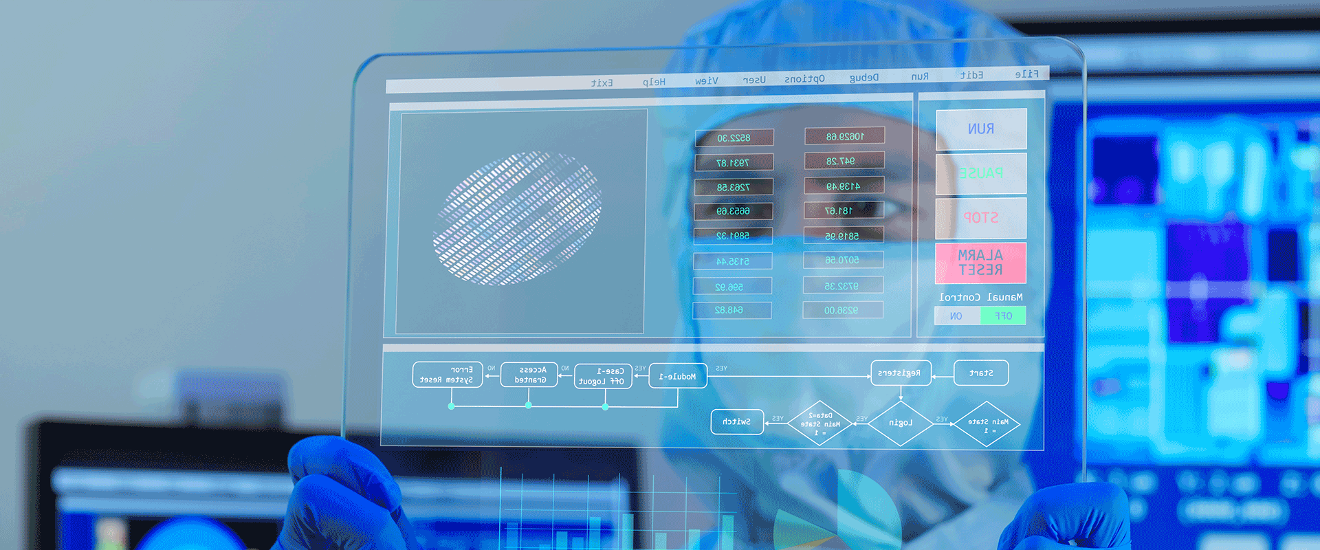researcher looking at holographic display of data imaging