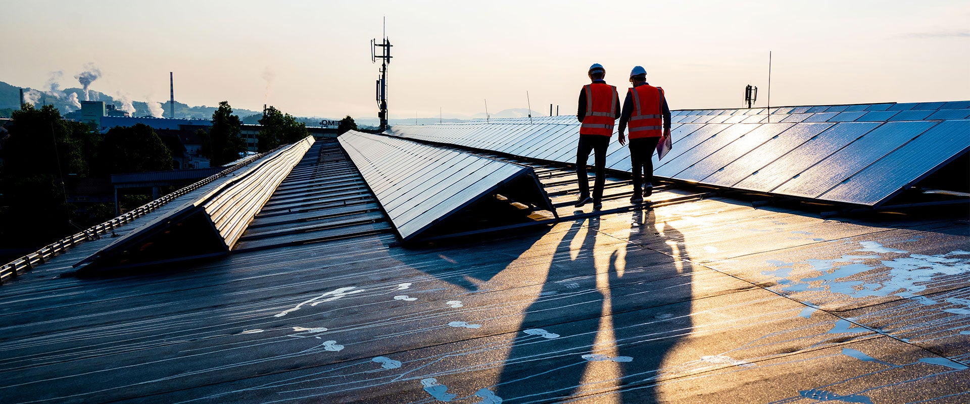 two people walking between solar panels