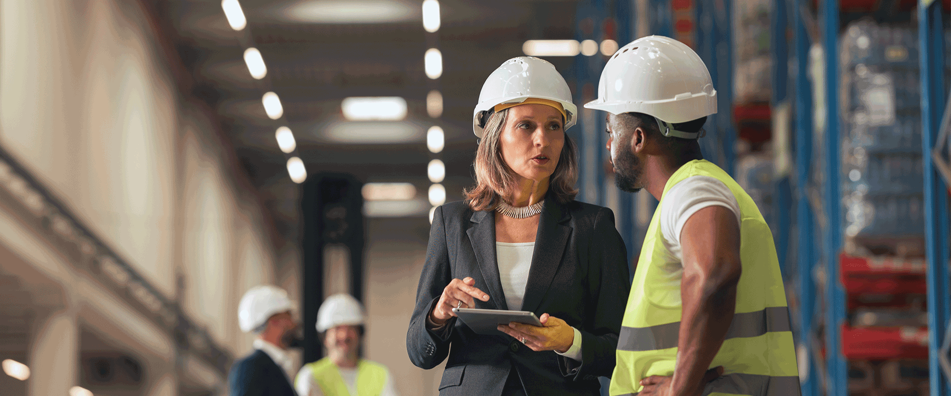 woman in suit and man in high-visibility vest wearing hard hats