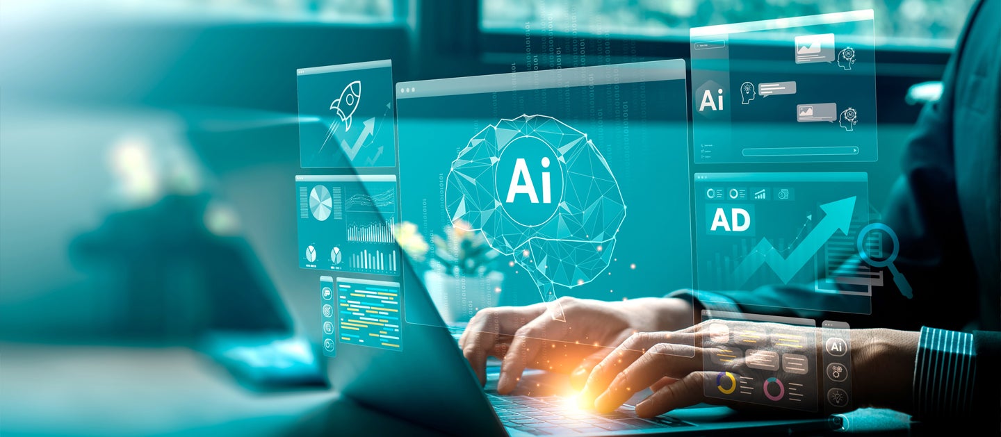 A person using a laptop with “AI” floating above it, symbolizing generative AI and digital advertising