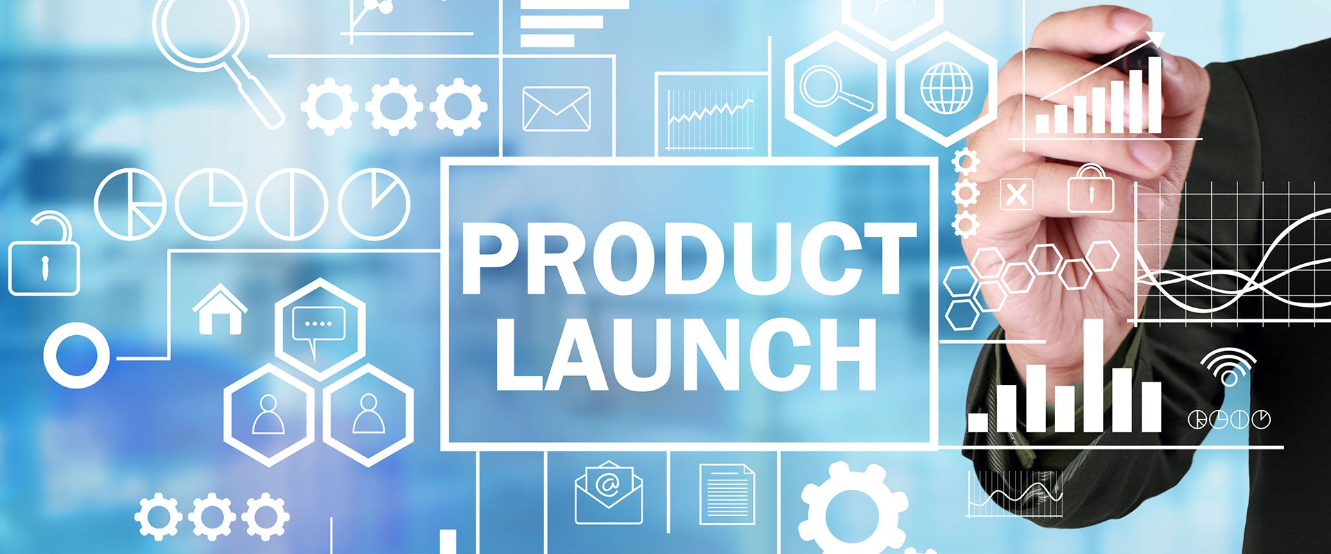 hand writing an abstract digital image of Product Launch