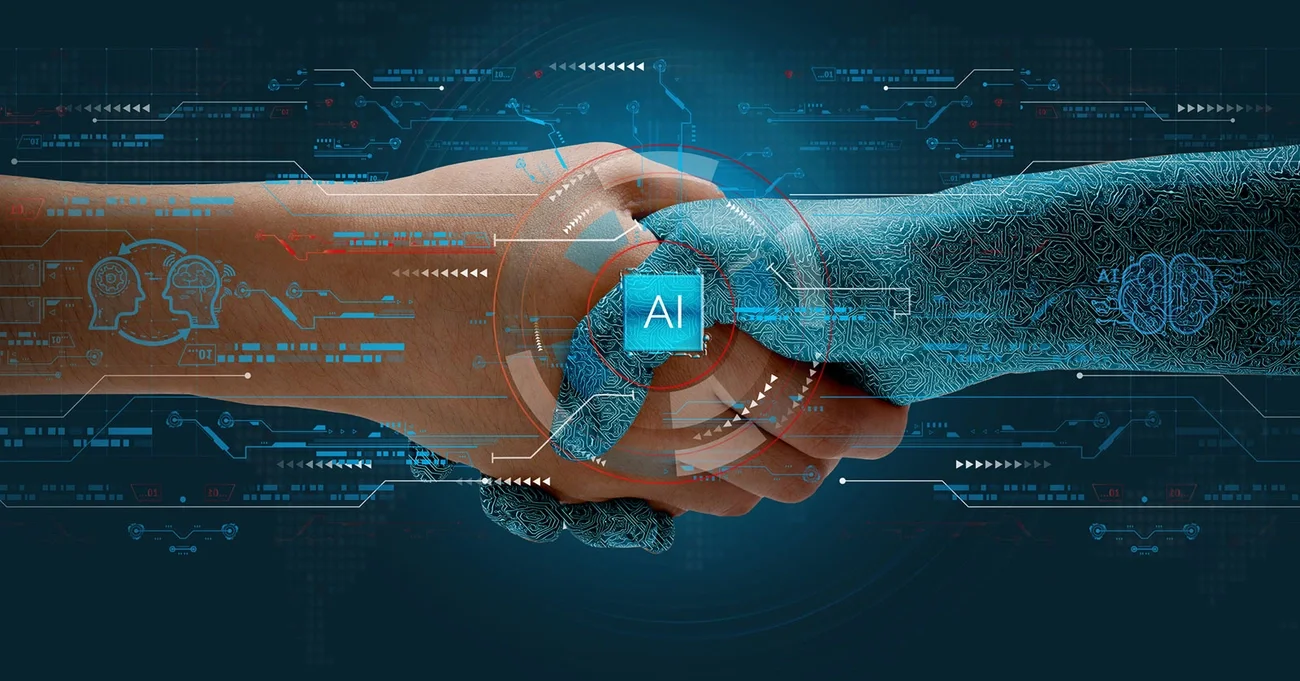 AI and human shaking hands