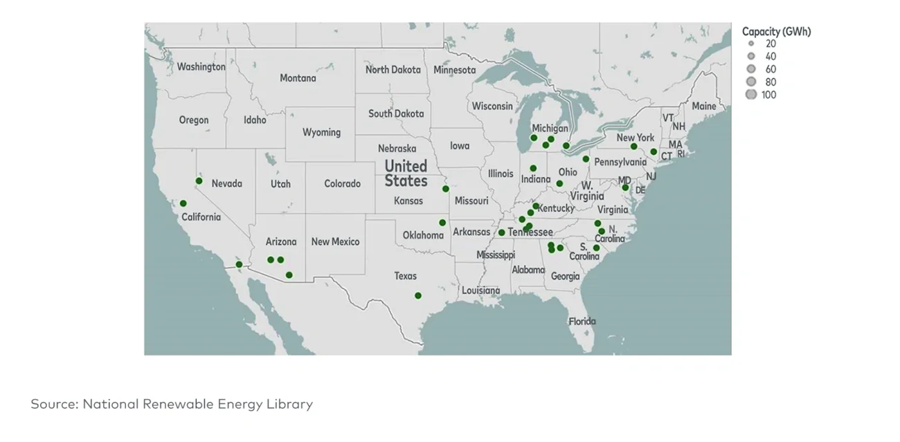 Location of announced battery cell manufacturing facilities in the United States and Canada 