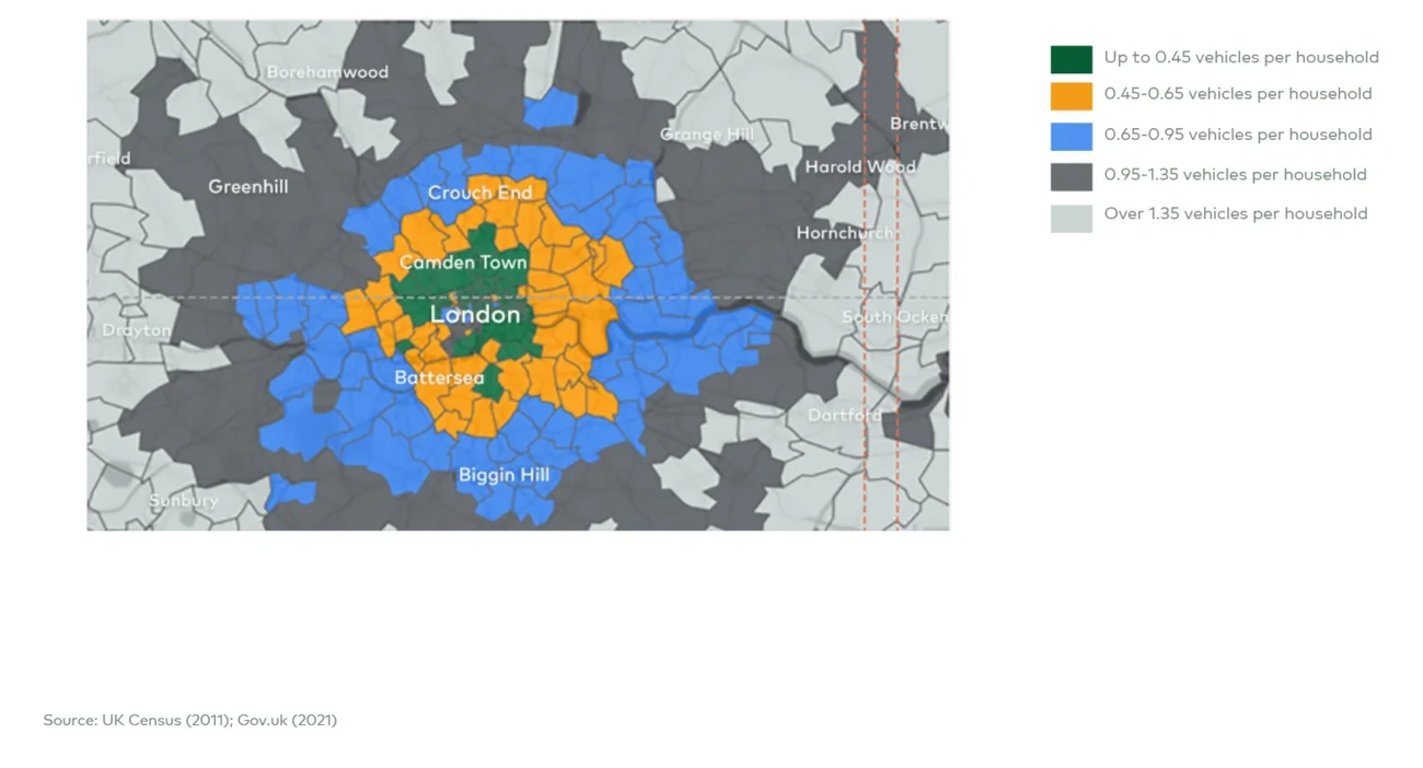 Map showing vehicles per household — London