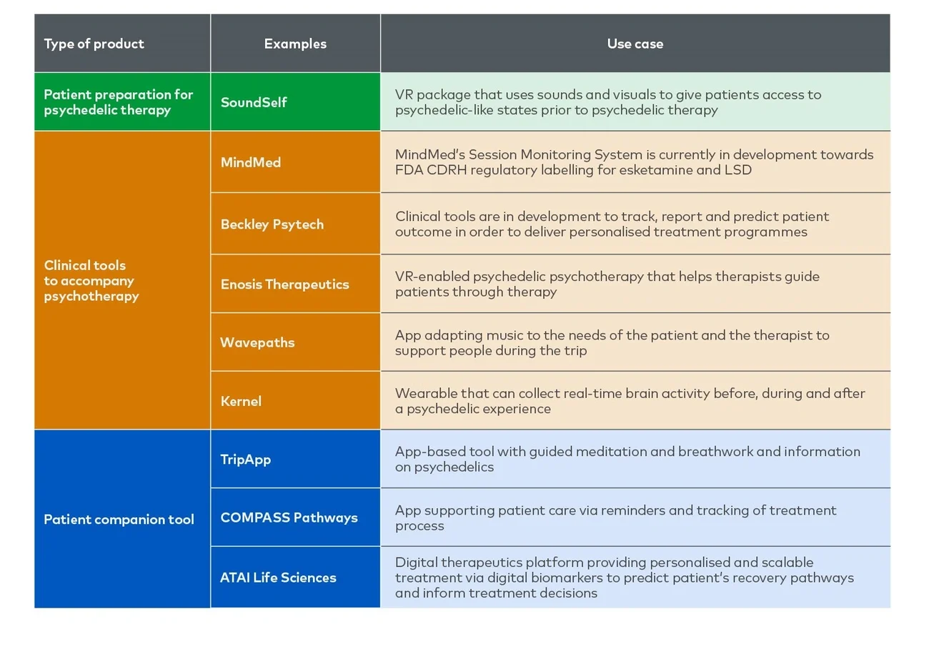 Examples of digital tools that can support HCPs in the delivery of psychedelic therapies