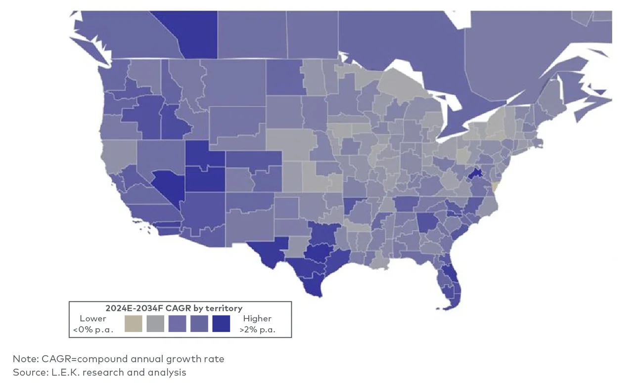 US age 55-plus population growth by territory (2024-2034F) 