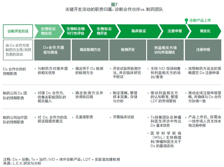 关键开发活动的职责归属：诊断合作伙伴 vs. 制药团队