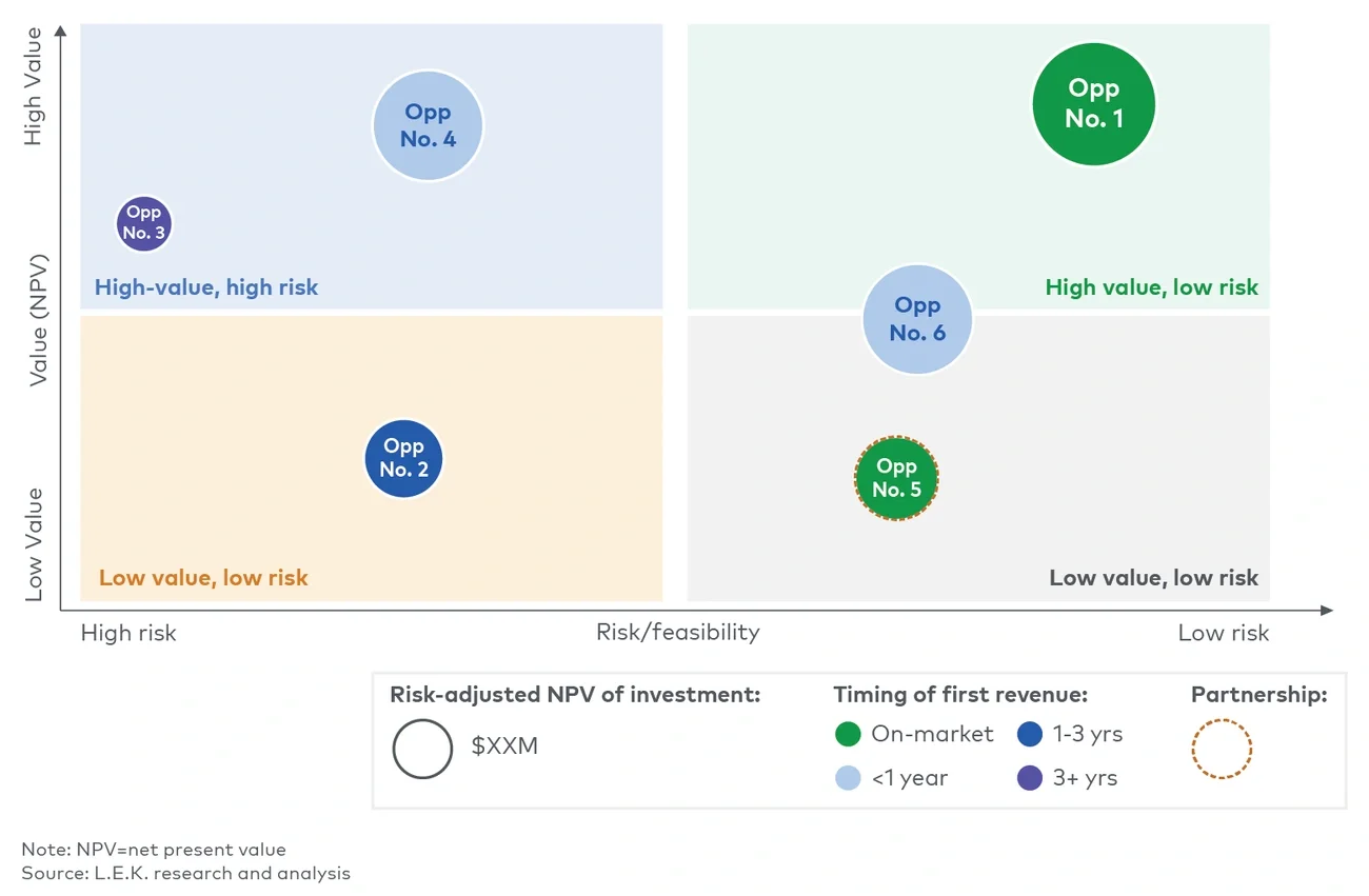 2x2 chart mapping opportunities by risk and value, with labeled circles showing position, size, timing, and partnership status.