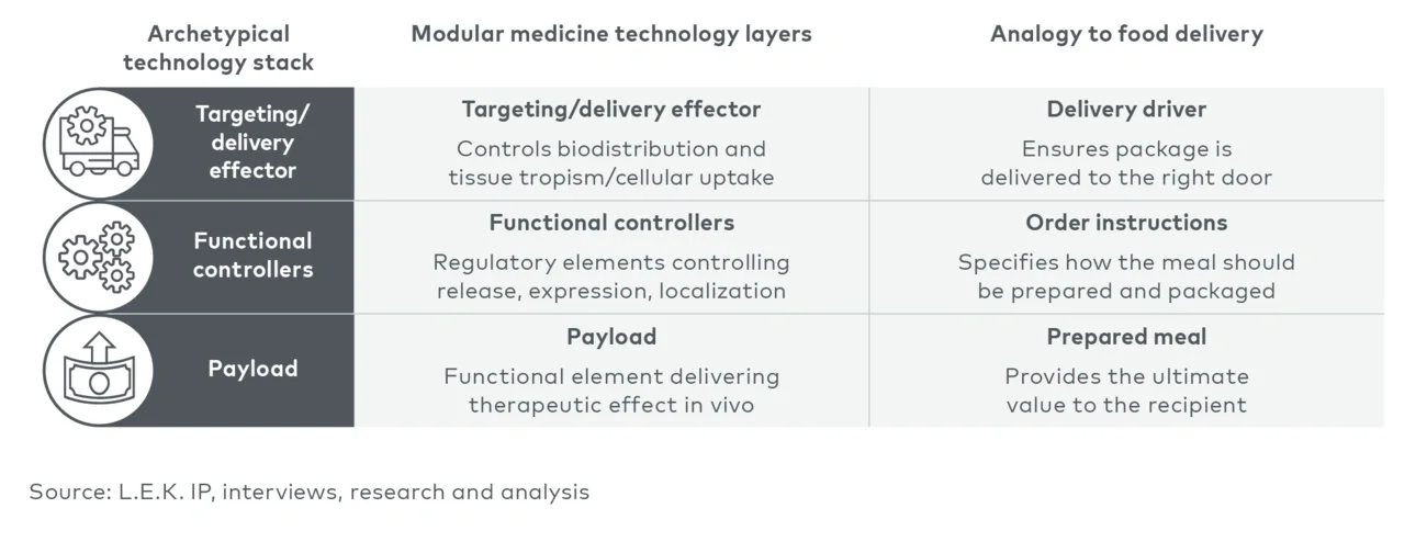 The image compares medical technology layers (delivery, control, payload) with food delivery roles.