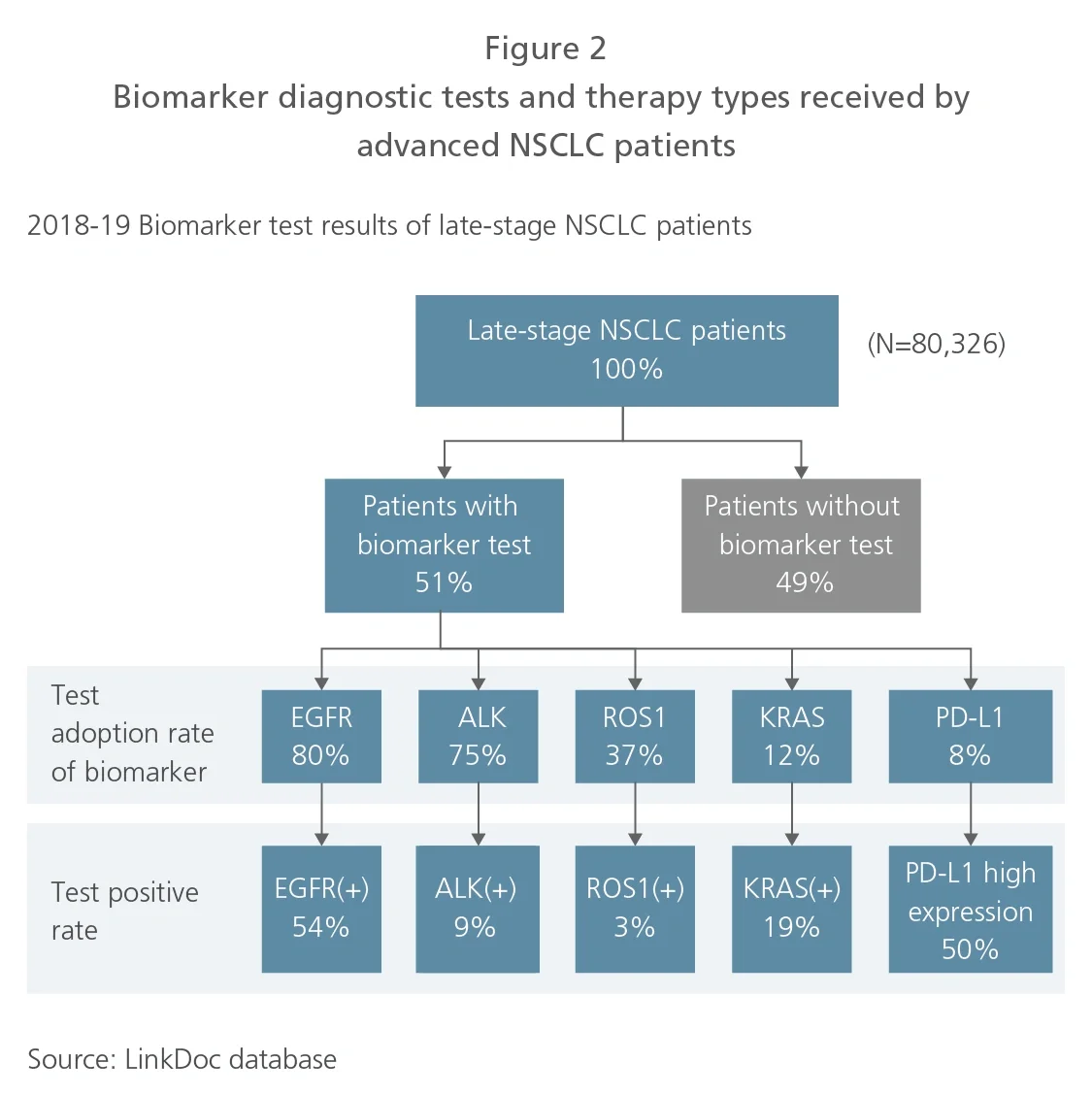 Biomarker diagnostic tests and therapy types received by advanced NSCLC patients