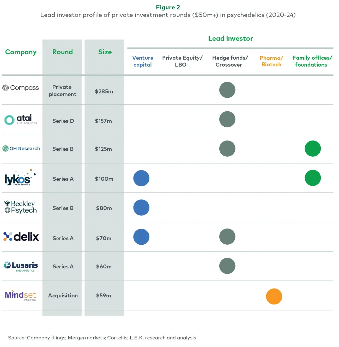 Lead investor profile of private investment rounds ($50m+) in psychedelics (2020-24) 