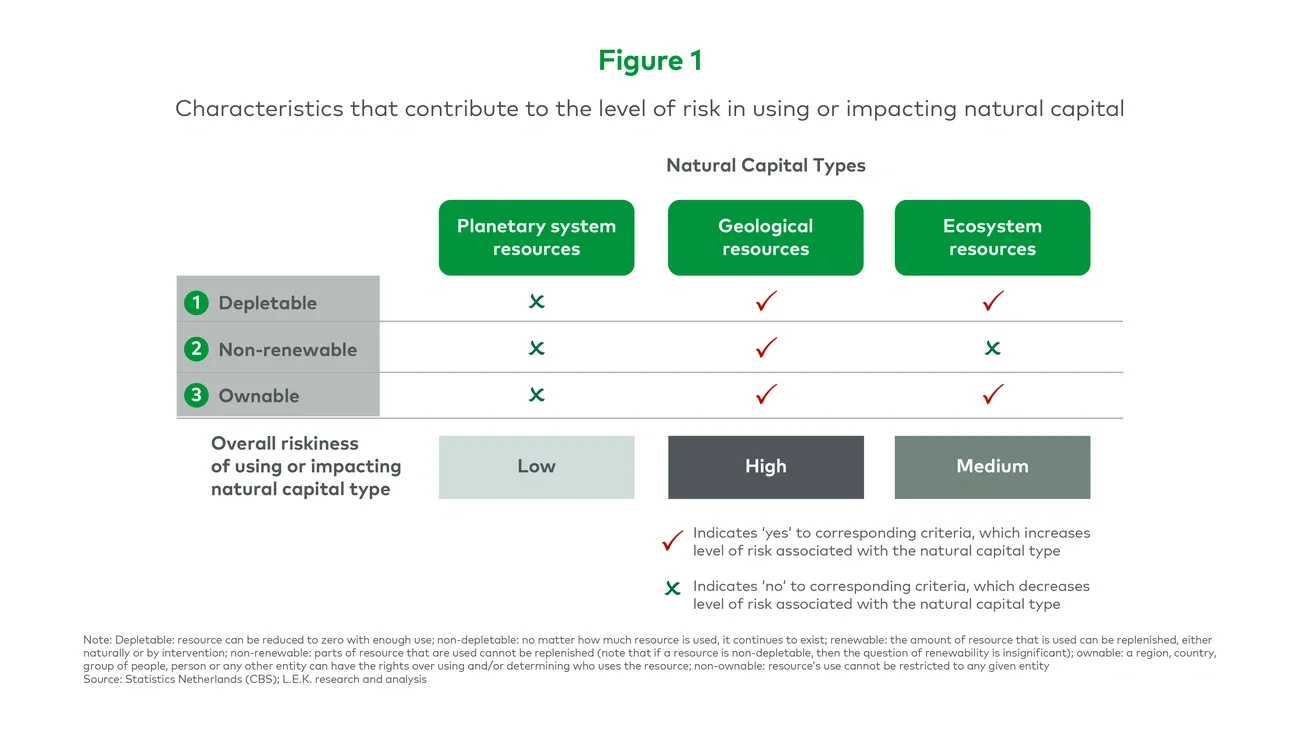 Characteristics that contribute to the level of risk in using or impacting natural capital 