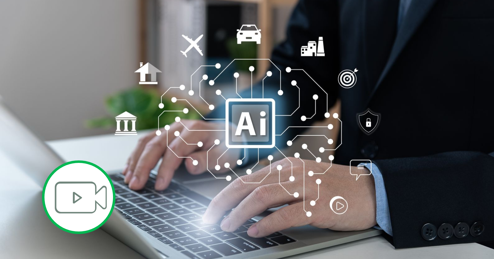 man working on computer with AI overlay