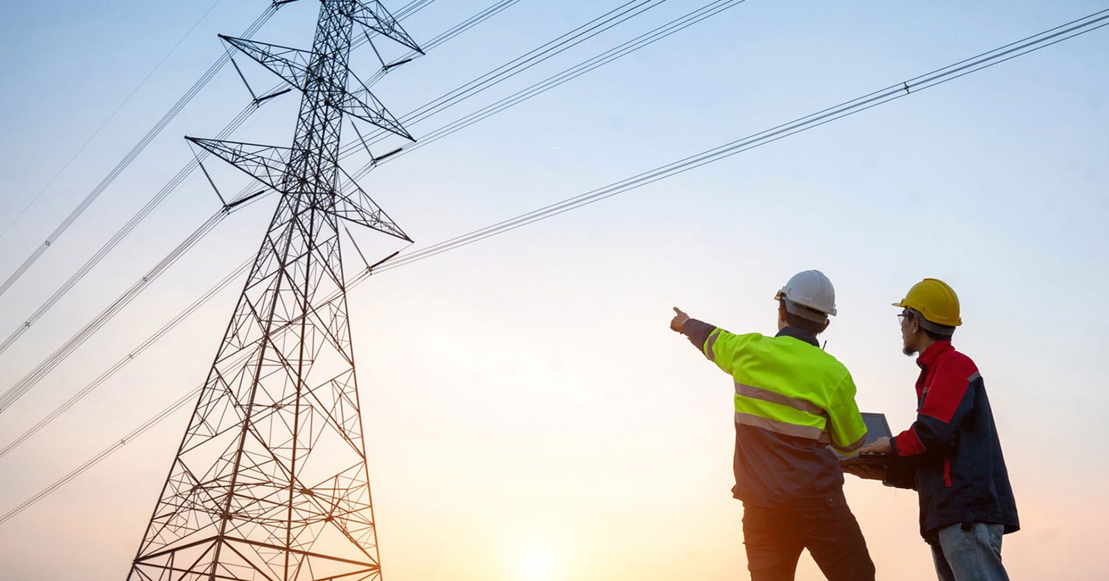 Two supervisors looking at phone wire tower
