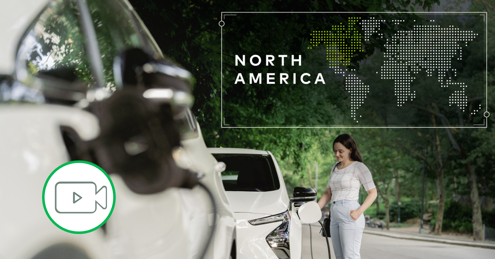North America text overlaid on woman charging car